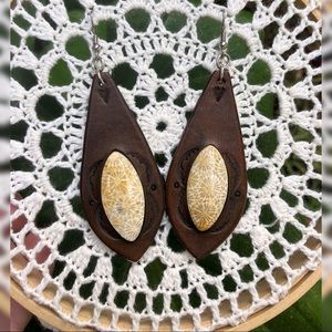 Handmade Genuine Leather, Fossil Coral Earrings!